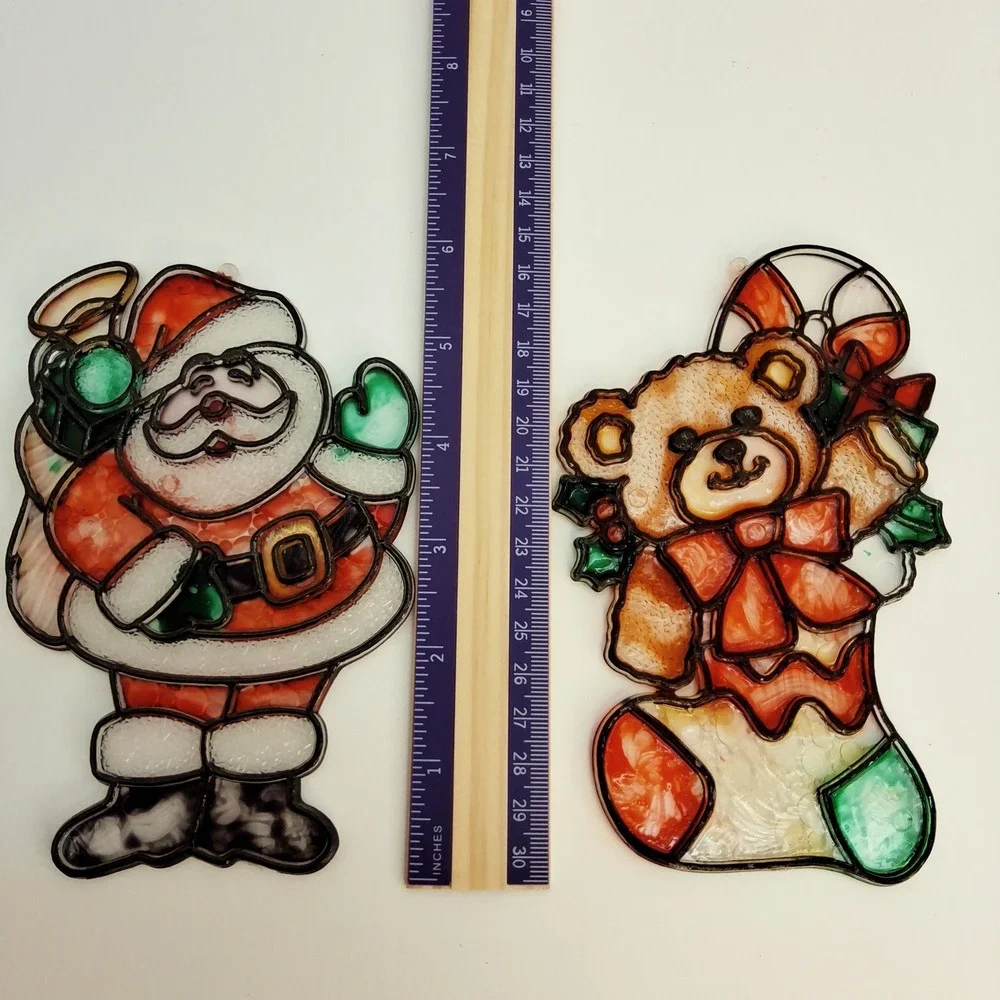 Vintage Plastic Suncatcher Christmas Ornaments Santa Claus Teddy Bear n Stocking